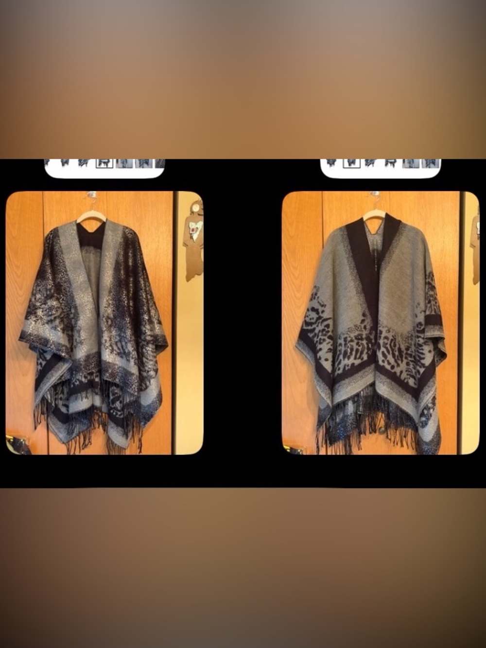 Black and metallic silver animal print fringed blanket poncho wrap cape EUC